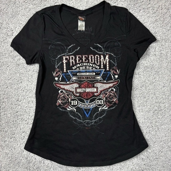Harley Davidson Shirt Womens Medium Freedom Machines American Legend Moto Roses - Picture 1 of 5